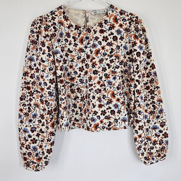 Zara Ecru Floral Print Long Puff Sleeves Top Blouse Size L Large Boho Casual - Picture 2 of 10